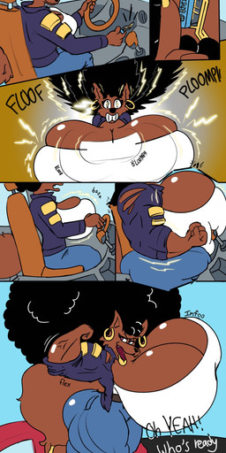 afro anthro big_breasts big_butt big_hair big_muscles body_size_growth breast_expansion breast_squish breasts bulging_breasts butt cartoony_violence cybernetic_attachment cybernetics ear_piercing ear_ring expansion female flexing flexing_bicep forearm_muscles hair hoop_ear_ring huge_breasts huge_butt huge_muscles hyper hyper_breasts hyper_butt hyper_muscles machine muscular muscular_anthro muscular_female muscular_thighs onomatopoeia piercing ring_piercing size_difference size_transformation smile sound_effects squish text thick_thighs toony toony_expression transformation wildtake infinityartistix groovia_airewolf canid canine mammal absurd_res comic english_text hi_res