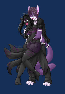 accessory alternative_fashion anthro arm_markings barbell_piercing belt black_hair bottomwear bracelet clothed clothing collar coontail_hair duo ear_piercing ear_ring eyebrow_barbell eyebrow_piercing facial_markings facial_piercing fangs feet female furgonomics goth grey_eyes hair head_markings hindpaw hug industrial_piercing jewelry long_hair male mall_goth markings multi_tail multiple_piercings nails necklace open_mouth paws piercing pink_nose purple_hair ring ring_piercing shirt short_hair simple_background skirt standing stripes studded_belt studs tail tail_accessory tail_jewelry tail_markings tail_ring teeth tongue tongue_piercing topwear transparent_background white_eyes white_markings white_nose brainlessbunny telmaine trix_(matetrix) canid canine domestic_cat felid feline felis fox hybrid mammal 2011 alpha_channel digital_media_(artwork) digital_painting_(artwork) hi_res painting_(artwork)