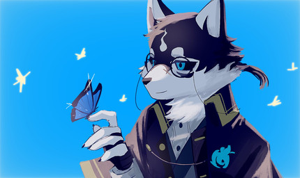 anthro black_body black_fur black_nose black_sclera blue_eyes clothing eyewear fur glasses humanoid_hands kemono looking_at_butterfly male multicolored_body multicolored_fur shirt simple_background solo topwear two_tone_body two_tone_fur white_body white_fur toku_amata lifewonders tokyo_afterschool_summoners masanori_(tas) arthropod butterfly canid canine canis domestic_dog husky insect lepidopteran mammal nordic_sled_dog spitz 2026 hi_res