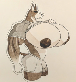 anthro big_moobs big_muscles big_nipples big_pecs black_nipples bottomwear bulge clothed clothing clothing_lift huge_moobs huge_muscles huge_pecs hyper hyper_moobs hyper_muscles hyper_pecs male moobs muscular nipples pecs shirt shirt_lift short-sleeve_shirt shorts solo three-quarter_view topwear cnb2804 canid canine mammal 2025 graphite_(artwork) hi_res traditional_media_(artwork)