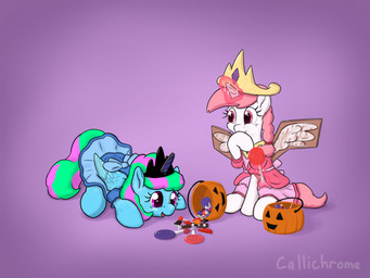 candy clothing costume dappled_fur dessert dress duo female feral folded_wings food halloween_costume holidays horn smile wings callichrome halloween hasbro my_little_pony mythology ava_flufel fan_character equid equine mammal mythological_creature mythological_equine pegasus unicorn 4:3 hi_res