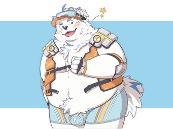 anthro bandage bandage_on_face belly blush bottomwear bulge clothing eyewear eyewear_on_head fingerless_gloves fur gloves goggles goggles_on_head handwear hat headgear headwear life_jacket male overweight shorts solo swimwear visor_cap white_body white_fur huiro_03 lifewonders live_a_hero yohack canid canine canis domestic_dog mammal nordic_sled_dog samoyed spitz 4:3 hi_res