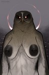 angry anthro areola big_areola big_breasts breasts cloud cloudy_sky dark_nipples feathers female female_anthro glowing glowing_eyes grey_body grey_feathers looking_at_viewer outside red_eyes red_ring sagging_breasts sky slim smoke solo band1tnsfw avian bird owl vampire absurd_res digital_media_(artwork) hi_res portrait