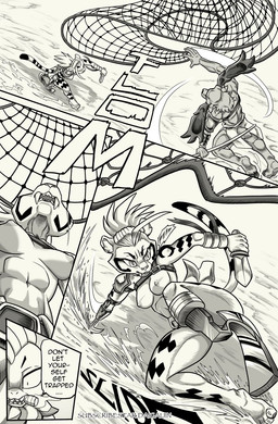 4_toes 5_fingers anthro antlers armor athletic athletic_anthro athletic_male audience barefoot bottomwear breasts clothed clothing dialogue duo_focus fangs feet female fight fingers fur gladiator group hair hindpaw hooves horn humanoid_hands knife loincloth male melee_weapon missing_arm missing_leg navel net nipples pauldron paws polearm prosthetic prosthetic_leg prosthetic_limb running scissor_(gladiator) speech_bubble teeth text toes topless topless_anthro topless_female topless_male trident trio walking warrior weapon daigaijin irlenk_(daigaijin) mazy_(daigaijin) pasti_(daigaijin) deer dinosaur felid feline mammal prehistoric_species reptile scalie comic english_text hi_res