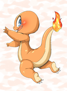 3_fingers ambiguous_gender blue_eyes blush claws fingers fire flaming_tail happy looking_back open_mouth open_smile orange_body smile solo tail toe_claws doneru nintendo pokemon charmander generation_1_pokemon pokemon_(species) 2017 aliasing digital_media_(artwork)