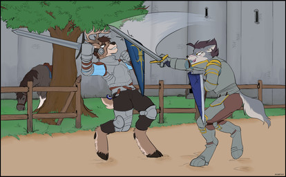 ambiguous_feral ambiguous_gender anthro antlers armor biped black_border border castle castle_wall cloven_hooves digitigrade duo_focus female female_anthro fence feral fight grin group hooves horn knight male male_anthro melee_weapon plant plate_armor quadruped sand shield smile swinging_weapon sword training tree trio unguligrade warrior weapon revertigo jaclyn_(revertigo) canid canine canis deer equid equine horse mammal wolf 2025 flat_colors hi_res
