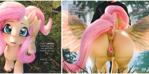 anatomically_correct anatomically_correct_genitalia animal_genitalia animal_vulva anus big_butt bodily_fluids butt clothed clothed_male clothing dialogue dripping equine_genitalia equine_vulva eyelashes feathered_wings feathers female feral first_person_view forest fur genital_fluids genitals glistening glistening_butt grass hair looking_at_viewer low-angle_view male male/female outside pink_hair pink_tail plant puffy_anus size_difference tail text tree vaginal_fluid_drip vaginal_fluids vulva wing_boner wings yellow_body yellow_fur 44bone zapor_(modeler) friendship_is_magic hasbro my_little_pony fluttershy_(mlp) equid equine horse human mammal pony 3d_(artwork) absurd_res blender_(artwork) comic digital_media_(artwork) english_text hi_res