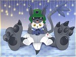 anthro black_body black_fur blep claws clothing feet foot_focus fur hoodie pawpads plushie solo tongue tongue_out topwear wear snowyseal bandai_namco digimon digimon_ghost_game gammamon_(ghost_game) blackgatomon blackgatomon_uver. digimon_(species) domestic_cat felid feline felis gammamon mammal