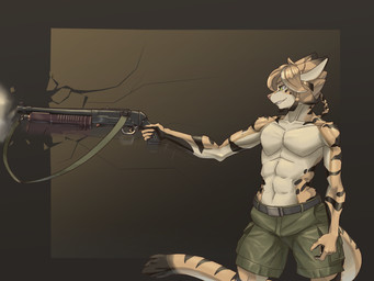 5_fingers anthro belt biped bottomwear bulge cat_tail clothed clothed_anthro clothed_male clothing ears_back fingers front_view fur green_eyes gun holding_gun holding_object holding_ranged_weapon holding_weapon long_tail male male_anthro muscular muscular_anthro muscular_male pants pivoted_ears ranged_weapon shooting simple_background smile solo standing striped_body striped_fur stripes tail text topless topless_anthro topless_male weapon white_body white_fur thekeepofcat mauser_(thekeepofcat) black-footed_cat felid feline felis mammal 4:3 absurd_res english_text hi_res portrait three-quarter_portrait