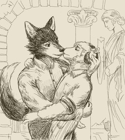 anthro black_body black_fur bottomwear building clothed clothed_anthro clothed_male clothing duo ears_up eyes_closed fur holding_another holding_partner horn kissing looking_at_another looking_at_partner male male/male pants sculpture shirt tail topwear wool_(fur) reynard_goodfellow reynard_the_baa bovid canid canine canis caprine mammal sheep wolf hi_res