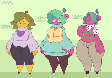 4_fingers ambiguous_gender big_breasts big_forearms big_hands black_clothing black_eyes black_footwear black_shoes blue_eyes bottomwear breasts cherry clothed clothing curvy_figure eyeshadow female female_symbol fingers food footwear forearms freckles fruit fully_clothed gender_symbol grapefruit green_background green_clothing green_eyeshadow green_pseudo_hair green_sweater green_sweater_vest green_topwear green_turtleneck green_vest grey_bottomwear grey_clothing grey_footwear grey_pants grey_shoes group half-closed_eyes huge_hips huge_thighs leaf leaf_hair makeup male_symbol multicolored_clothing multicolored_shirt multicolored_topwear narrowed_eyes not_furry open_mouth pants pattern_clothing pattern_shirt pattern_topwear pear-shaped_figure pink_body pink_clothing pink_skin pink_topwear pink_vest plant plant_hair pose pseudo_hair pupils purple_body purple_clothing purple_skin purple_sweater purple_topwear purple_turtleneck shirt shoes simple_background simple_eyes simple_face slightly_chubby slightly_chubby_humanoid smile standing sweater sweater_dress sweater_vest symbol tan_bottomwear tan_clothing tan_pants text thick_thighs topwear trio turtleneck two_tone_clothing two_tone_shirt two_tone_topwear vest voluptuous voluptuous_female white_clothing white_eyes white_pupils white_sclera white_shirt white_sweater white_topwear white_turtleneck wide_hips yellow_body yellow_clothing yellow_footwear yellow_shoes yellow_skin dozighost cheren_(dozighost) cheryl_(dozighost) daphne_(dozighost) elemental_creature elemental_humanoid flora_fauna food_creature food_humanoid humanoid living_fruit plant_humanoid 2025 artist_name character_name colored digital_drawing_(artwork) digital_media_(artwork) english_text flat_colors hi_res model_sheet pinup signature watermark female_(lore) male_(lore)