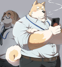 anthro biped black_nose blush bodily_fluids bottomwear brown_body brown_fur cellphone clothing duo electronics eyewear fur glasses humanoid_hands kemono male overweight overweight_male pants phone shirt smartphone smoking standing sweat topwear emufu canid canine canis domestic_dog mammal 2026 hi_res