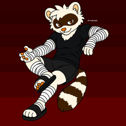 anthro arm_support bandage clothing footwear leaning_on_elbow male sandals shoes solo airukashi ailurid mammal red_panda