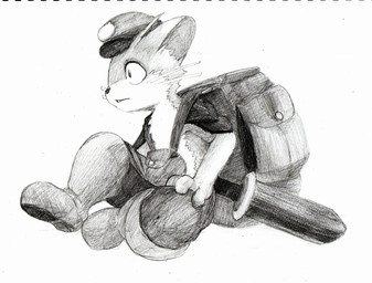 anthro backpack biped boots clothed clothing footwear hat headgear headwear male melee_weapon open_mouth shoes simple_background sitting solo sword topless weapon whiskers white_background young young_anthro young_male manmosu_marimo fairy_musketeers randagio_(fairy_musketeers) avian bird domestic_cat felid feline felis mammal 2011 comic digital_media_(artwork) greyscale monochrome