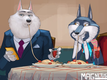 anthro biped blue_eyes clothing container cup distracted drinking_glass duo eating eating_spaghetti female female_anthro fingers food fur furniture glass glass_container glass_cup grey_body grey_fur implied_incest male male_anthro meatball monotone_body monotone_fur multicolored_body multicolored_fur necktie pasta sitting spaghetti suit table two_tone_body two_tone_fur white_body white_fur wine_glass yellow_eyes magnetus illumination_entertainment sing_(movie) jimmy_crystal porsha_crystal canid canine canis mammal wolf 2026 4:3 digital_media_(artwork) daughter_(lore) father_(lore) father_and_child_(lore) father_and_daughter_(lore) incest_(lore) parent_(lore) parent_and_child_(lore) parent_and_daughter_(lore)