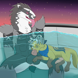 animal_genitalia animal_penis anthro anthro_on_feral anthro_penetrating anthro_penetrating_feral anus asphyxiation balls bestiality big_balls blue_blush blue_markings blush breath_play bubble canine_genitalia canine_penis drowning duo erection evening eyes_closed fellatio feral feral_penetrated fully_submerged fur genitals grey_body hand_on_head hot_tub kerchief knot knotted_penis long_tongue male male/male male_anthro male_feral male_on_feral male_penetrated male_penetrating male_penetrating_male markings muscular muscular_anthro muscular_male nipples oral oral_penetration penetration penile penis puffed_cheeks red_sclera sex sitting size_difference sky smaller_penetrated star starry_sky swimming tongue underwater underwater_blowjob water white_body white_fur yellow_body yellow_fur sylvertears nintendo pokemon jasper_(jasperazzi) canid canine canis generation_8_pokemon mammal mustelid obstagoon pokemon_(species) wolf 1:1 absurd_res hi_res