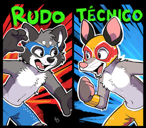 abstract_background anthro black_nose blue_bottomwear blue_clothing blue_mask blue_pants bottomwear clothed clothing duo fangs fur glistening glistening_eyes grey_body grey_fur male mask open_mouth pants pink_nose red_mask red_tongue standing teeth tongue topless wearing_mask whiskers white_body white_fur yellow_bottomwear yellow_clothing yellow_mask yellow_pants young young_anthro young_male pandapaco american_opossum mammal marsupial procyonid raccoon