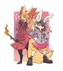 alternate_species anthro beret bottomwear clothed clothing dress duo elemental_manipulation female fire fire_manipulation fur furrification hat headgear headwear inner_ear_fluff looking_at_viewer magic_wand orange_body orange_fur pokemorph rabbit_ears red_body red_fur size_difference skirt sparkles stick text tuft white_body white_fur yellow_body yellow_fur pktricia nintendo pokemon gloria_(pokemon) serena_(pokemon) canid canine cinderace delphox generation_6_pokemon generation_8_pokemon lagomorph mammal pokemon_(species) english_text hi_res signature