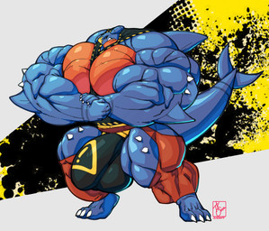anthro big_bulge big_muscles big_pecs bulge clothing detailed_bulge flexing huge_bulge huge_muscles huge_pecs hyper hyper_bulge hyper_muscles male muscular muscular_male pecs shirt solo tank_top topwear tkc2021 nintendo pokemon garchomp_(randomribbon) garchomp generation_4_pokemon pokemon_(species)
