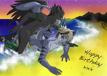 anal anal_penetration anthro beach beak bodily_fluids bottomwear clothed clothing cum detailed_background duo feathers genital_fluids genitals male male/male male_penetrated male_penetrating male_penetrating_male outside penetration penis sand seaside sex sex_on_the_beach shorts sunset tail tail_feathers water angel_1992 ixy daryus_mackos aquatic avian bird fish shark