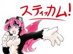 4_fingers anthro black_body black_fur blue_eyes blush claws electronics female fingers fur hair headphones kemono membrane_(anatomy) membranous_wings microphone open_mouth pink_hair simple_background solo text tongue white_background white_body white_fur wings ehime_mikan domestic_cat felid feline felis mammal 4:3 japanese_text translation_request