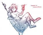 2018 alcohol anthro arms_bent bent_legs beverage biped breasts canid canine casual_nudity cocktail cocktail_garnish colored_line_art conditional_dnp container crossed_legs digitigrade featureless_breasts felid female food fruit fur glass has_colored-in_version hi_res holding_object hybrid in_beverage in_container in_cup kathrin_vaughan keidran leaning_on_edge leg_over_edge leg_over_thigh legs_out_of_water looking_at_viewer lounging mammal markings martini micro monochrome nude olive_(fruit) over_edge partially_submerged pawpads plant resting_arm resting_legs shaded shaded_line_art simple_background sitting sketch smile solo spots spotted_body spotted_fur stick sunken_seat tom_fischbach twokinds up_and_over wet white_background
