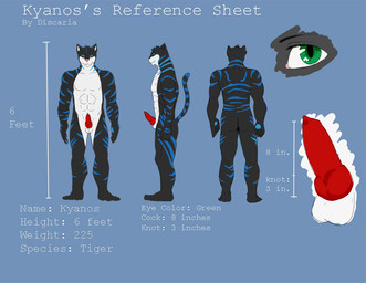 abs animal_genitalia anthro balls biceps biped black_body black_fur blue_body blue_fur butt chart close-up erection fur genitals green_eyes grin height_chart knot looking_at_viewer male markings melanistic muscular muscular_anthro muscular_male nude pecs penis pink_nose pose presenting red_penis sheath side_view smile solo standing stripes text turnaround white_body white_fur discaria kyanos felid mammal pantherine tiger english_text model_sheet