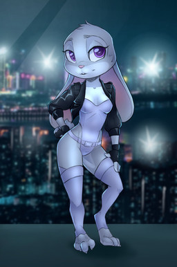 anthro breasts clothed clothed_female clothing cocked_hip ears_down female fingerless_gloves fur gloves grey_body grey_fur hand_on_hip handwear head_tuft jacket leotard lingerie looking_at_viewer pink_nose pivoted_ears purple_eyes scut_tail short_tail smile solo standing tail toeless_legwear topwear tuft rogone2 disney ghost_in_the_shell zootopia judy_hopps major_motoko_kusanagi lagomorph leporid mammal rabbit 2020 digital_media_(artwork) full-length_portrait hi_res portrait shaded
