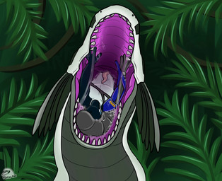 ambiguous_gender anthro anthro_prey black_arms black_body blue_arms bodily_fluids feet_first feral feral_prey forest genitals jungle male male_prey oral_vore penis pink_penis plant saliva tree vore white_body flippin-rad aquatic cetacean dinosaur dolphin mammal oceanic_dolphin orca prehistoric_species reptile scalie toothed_whale 2026 absurd_res hi_res watermark