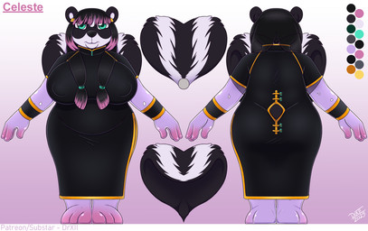 anthro big_breasts breasts clothed clothing female fur goo_limbs hair huge_breasts nude simple_background smile solo tail white_body white_fur drxii celeste_(nwazet) bear giant_panda hybrid mammal mephitid skunk digital_media_(artwork) hi_res model_sheet