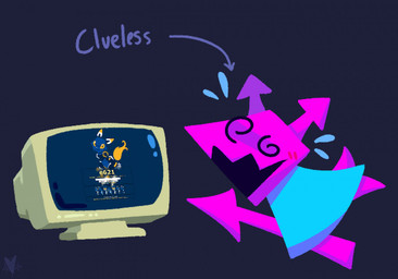 ambiguous_gender arrow_(anatomy) bodily_fluids computer_monitor directional_arrow flying_sweatdrops mascot not_furry oblivious open_mouth pink_body simple_background solo spiral spiral_eyes sweat sweatdrop text foamytail nyyakikki deltarune e621 undertale_(series) esix darkner virovirokun 2021 digital_media_(artwork) english_text watermark