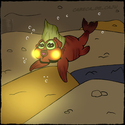 ambiguous_gender bubble feral fin glowing green_fin green_sclera head_fin open_mouth red_body red_fin smile solo swimming tail tail_fin underwater water young young_feral cabeca_de_caju casca_de_laranja fluffy_pony fluffy_pony_(species) mammal seafluff 1:1 2026 digital_media_(artwork) english_description hi_res