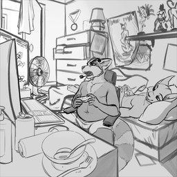 anthro athletic athletic_male clothed clothing computer controller duo electronics gaming headphones male pecs slightly_chubby topless black-kitten sebastien_(black-kitten) toby_(black-kitten) felid feline lynx mammal procyonid raccoon 1:1 digital_drawing_(artwork) digital_media_(artwork) greyscale hi_res line_art monochrome sketch