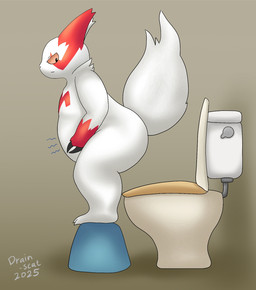 ambiguous_gender anthro big_butt butt crouching fur looking_back multicolored_body red_body red_eyes red_fur simple_background solo toilet two_tone_body white_body white_fur drain_scat nintendo pokemon generation_3_pokemon pokemon_(species) zangoose hi_res