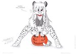 3_toes anthro barefoot bottomless clothed clothing collar exposure_variation feet female food fruit holiday_message holidays no_underwear paws plant pumpkin solo text toes tirashanks_(artist) halloween vanilla_(tirashanks) cheetah felid feline mammal english_text