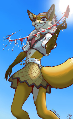 anthro bottomwear clothed clothing crossdressing femboy food grin male popsicle skirt sky smile solo sun destrustor shiro_caecilius canid canine fox mammal absurd_res hi_res