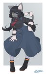 anthro big_breasts black_hair black_nose blue_eyes breasts clothing dress female footwear gloves green_eyes grey_body hair handwear long_hair necktie pigtails shoes smile solo white_clothing white_gloves white_handwear arumo domestic_cat felid feline felis mammal 2021 5:8 absurd_res hi_res