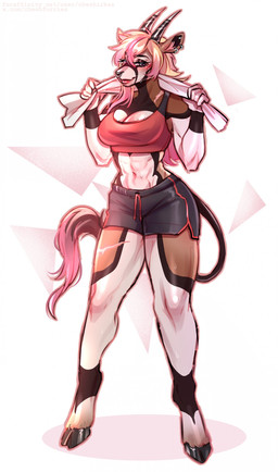 abs anthro athletic_wear bedroom_eyes big_breasts biped black_body black_fur blonde_hair bodily_fluids bottomwear bra breasts brown_body brown_fur cleavage clothed clothing ear_piercing facial_piercing female fur glistening glistening_abs glistening_body glistening_breasts glistening_hair grin gym_bottomwear gym_shorts hair holding_object holding_towel hooves horn leg_scar lips long_hair looking_at_viewer muscular muscular_female narrowed_eyes navel nose_piercing nose_ring piercing pink_hair ring_piercing scar seductive shorts shoulder_scar simple_background smile solo sports_bra standing sweat sweatdrop sweaty_body tail thick_bottom_lip topwear towel towel_around_neck underwear white_body white_fur cheshirkas victoria_(wyverexad) antelope bovid grazing_antelope mammal oryx 2025 absurd_res hi_res