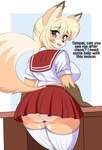 anthro big_breasts big_butt blonde_hair breasts butt clothed clothing desk dipstick_ears dipstick_tail ear_markings ear_piercing fangs female fur furniture hair legwear markings multicolored_body multicolored_ears multicolored_fur no_underwear orange_body orange_fur piercing pink_eyes rear_view school_uniform slightly_chubby slightly_chubby_female solo table tail tail_markings talking_to_viewer teeth text two_tone_body two_tone_fur uniform upskirt yellow_body yellow_fur zelripheth kotone_(zelripheth) canid canine fox mammal absurd_res english_text hi_res