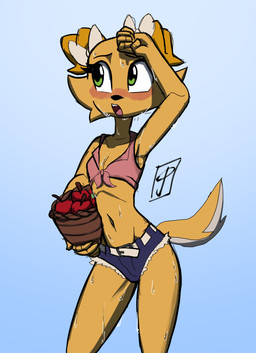 5_fingers adolescent anthro apple basket belly belt belt_buckle biped black_eyebrows black_nose blue_background blue_bottomwear blue_clothing blue_shorts bodily_fluids bottomwear bow_accessory breasts buckle cheek_tuft cleavage clothed clothed_anthro clothed_female clothing container daisy_dukes denim denim_bottomwear denim_clothing denim_shorts eyebrows eyelashes facial_tuft female female_anthro fingers flat_chested floppy_ears folded_ears food front_view fruit fur green_eyes holding_basket holding_container holding_object hotpants humanoid_hands logo looking_aside midriff minishorts navel open_mouth orange_body orange_ears orange_fur orange_tail pink_clothing pink_shirt pink_tongue pink_topwear plant raised_arm shirt shorts simple_background skimpy slim small_breasts solo standing sweat sweaty_armpit sweaty_arms sweaty_belly sweaty_breasts sweaty_face sweaty_legs sweaty_neck tail teeth tied_shirt tongue topwear tuft two_tone_tail white_belt white_bow white_tail wiping_sweat young young_anthro young_female wayesh giggleland ella_(giggleland) canid canine canis domestic_dog mammal 2025 artist_logo hi_res portrait three-quarter_portrait