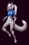 4_toes anthro barefoot biped black_background blue_eyes bottomwear clothed clothing ear_piercing feet female fist fur grey_body grey_fur hair long_hair navel on_one_leg pawpads paws piercing pink_nose pink_pawpads pose scene_haircut shirt shorts simple_background skimpy solo standing toes topwear white_hair nut-bar nina_(nut-bar) canid canine canis mammal wolf 2013 hi_res