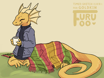 autumn bedding beverage blanket clothing coat coffee cozy frill_(anatomy) head_crest head_frill horn jacket long_tail smile sweater tail topwear turtleneck winter furufoo mythology dragon mythological_creature mythological_scalie scalie taur 4:3