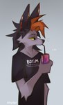 anthro bendy_straw beverage black_nose drinking_straw fur grey_background grey_body grey_fur holding_beverage holding_object simple_background solo standing text_on_t-shirt hyilpi vi-bellum_(hyilpi) canid canine mammal 2023 artist_name digital_media_(artwork)