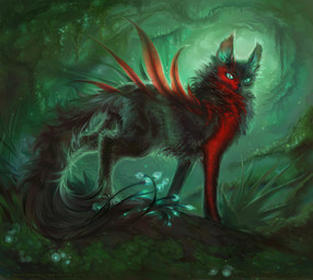 ambiguous_gender feathers feral fur grass green_body green_eyes green_fur looking_at_viewer plant red_body red_fur solo standing tail tree whiskers liiga_smilshkalne fantasy_flight_games keyforge felid mammal 2018 official_art