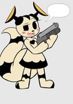 anthro big_tail black_eyes black_markings black_nose black_stripes blush blush_lines blush_stickers clothing dress empty_speech_bubble eyelashes feet female female_anthro grey_background gun head_markings heart_(marking) holding_gun holding_object holding_ranged_weapon holding_weapon looking_aside markings multicolored_clothing multicolored_dress multicolored_feet multicolored_legs multicolored_tail one_eye_half-closed open_mouth open_smile pink_blush pink_tongue pseudo_clothing pseudo_dress ranged_weapon simple_background smile solo speech_bubble standing striped_legs striped_markings striped_tail stripes tail tail_markings tan_body tan_dress tan_tail tongue two_tone_feet weapon white_speech_bubble defunctumbra ultraman_(series) ele_chan eleking alien kaiju monster 2023 absurd_res digital_drawing_(artwork) digital_media_(artwork) flat_colors hi_res