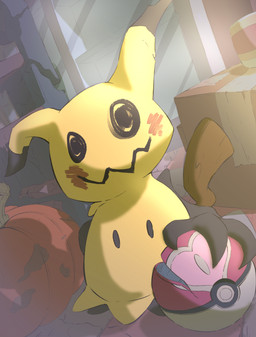 ambiguous_gender inside love_ball pokeball solo the_creacher nintendo pokemon animate_inanimate generation_7_pokemon ghost mimikyu pokemon_(species) spirit absurd_res hi_res