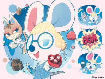 anthro apron bangs big_glasses blonde_hair blue_clothing blue_dress blue_eyes blue_eyeshadow blue_inner_ear blue_topwear boom box box_of_chocolates broken_glasses brown_body brown_fur candy chocolate clothed clothed_anthro clothed_female clothing container cooking dessert dress duo explosion eyelashes eyeshadow eyewear female female_anthro fingers flask food fur glasses hair heart_box heart_symbol holding_box holding_container holding_object holidays kitchen_utensils looking_at_viewer makeup multicolored_body multicolored_ears multicolored_fur narrowed_eyes onomatopoeia open_mouth open_smile pink_eyeshadow red_inner_ear round_glasses science shocked short_hair simple_background smile sound_effects sparkles tail tan_body tan_fur text tools topwear white_body white_fur kopa_nishikida animal_crossing nintendo valentine's_day kitty_(animal_crossing) petri_(animal_crossing) domestic_cat felid feline felis house_mouse mammal mouse murid murine rodent 4:3 artist_name multiple_scenes