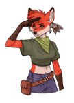 anthro belt belt_pouch bottomwear canid canine clothing crop_top dana_cooper digital_drawing_(artwork) digital_media_(artwork) donkek eyelashes feather_ear_ring female fox gesture green_eyes green_kerchief green_neckerchief hair hi_res kerchief mammal navel neckerchief pants punk_hair salute scarf shirt simple_background solo spiky_hair topwear white_background