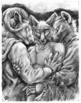 2012 anthro arm_grab blotch border bovid canid canine caprine clothed clothing embrace equid equine footprint fox greyscale group half-closed_eyes hi_res horn horse hyena inner_ear_fluff interspecies looking_back male mammal monochrome narrowed_eyes pawprint predator/prey sheep signature sketch smile spotted_hyena topless tuft white_border