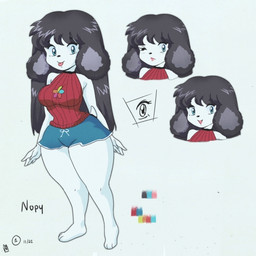 anthro black_hair blue_eyes bottomwear clothing female floppy_ears flower_symbol fur hair happy looking_at_viewer multicolored_accessory one_eye_closed shorts sleeveless_sweater smile smiling_at_viewer solo thick_thighs tongue tongue_out white_body white_fur wide_hips wink winking_at_viewer nupi nopy_(nupi) canid canine mammal 1:1